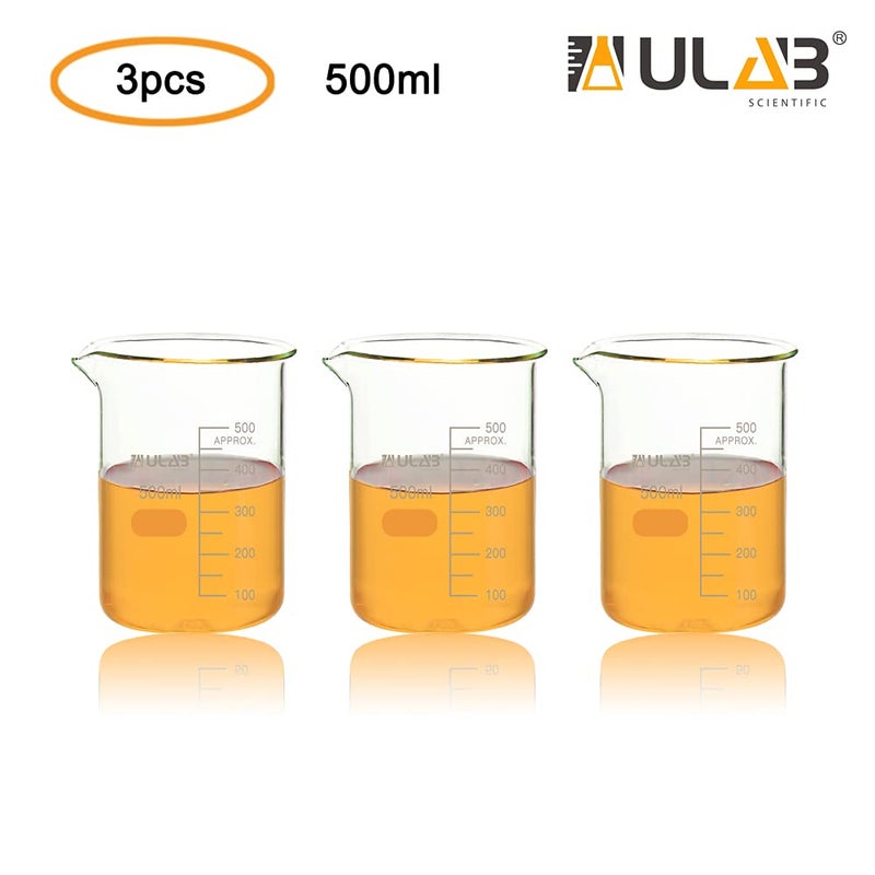 ULAB Scientific Glass Beakers, Vol. 500ml, 3.3 Borosilicate Griffin Low Form with Printed Graduation, Pack of 3, UBG1026 - Image 2